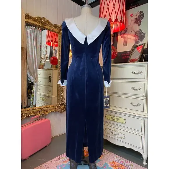 vintage 1980s blue velveteen gown reverse collar french cuffs 80s fashion velvet - Picture 10 of 10